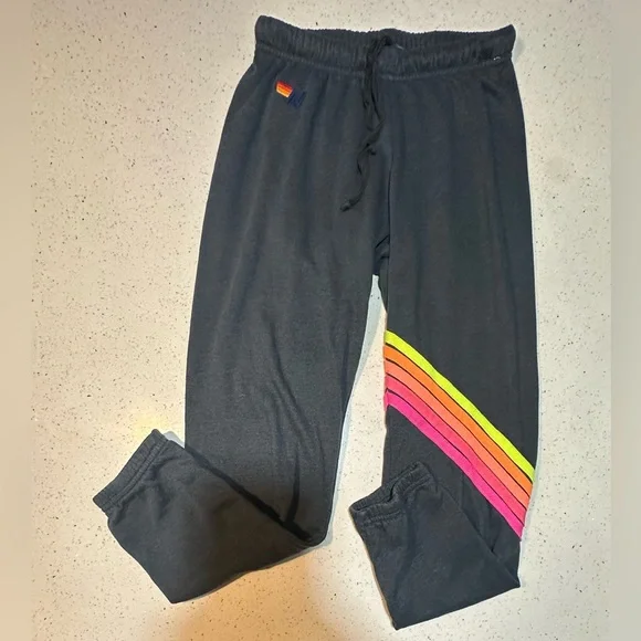 AVIATOR NATION 5 STRIPE SWEATPANTS - PRE-LOVED // NEON RAINBOW - Picture 1 of 12